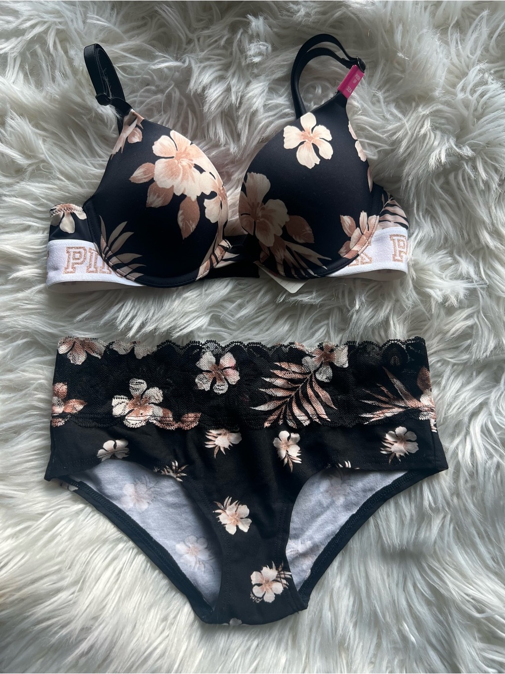 PINK • Victoria's Secret Black Floral Lace-Trim Bra & Hipster Set